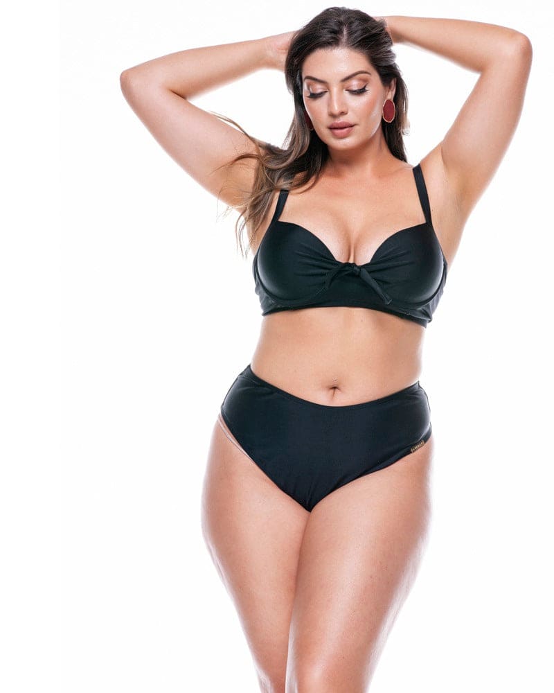 Front of a model wearing a size 24 Wired Padded Plus Size Top in Black by Lehona. | dia_product_style_image_id:267853